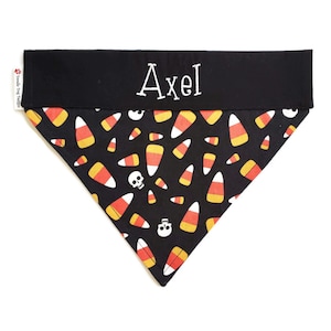 Custom Slide On Halloween Dog Bandana, Personalized Pet Scarf, &quot;Candy Corn and Skulls&quot;