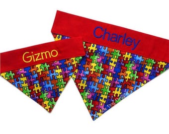 Personalized Autism Awareness Dog Bandana: Puzzle Collar Scarf