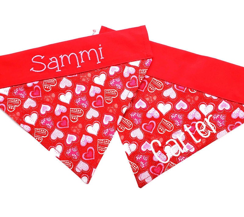 Personalized Valentine Dog Collar Bandana, Red Hearts Over The Scarf, "Red Hearts"