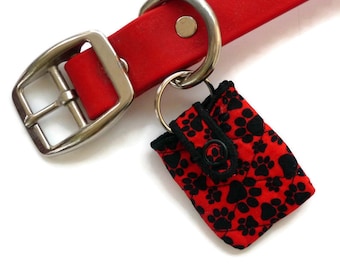 Red Paw Print Dog Tag Silencer: Quilted Pet ID Tag Holder
