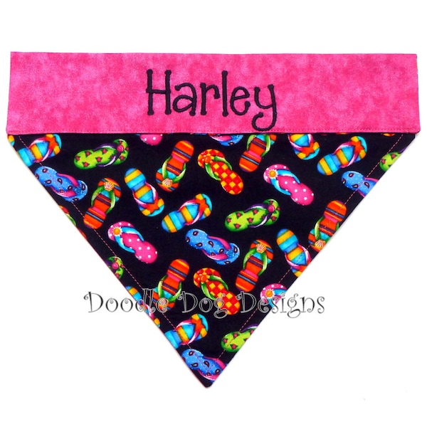 Personalized Summer Dog Bandana, Over the Collar Dog Scarf, Flip Flops Pet Bandana, "Flip Flops"