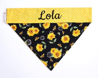 Personalized Sunflowers Dog Bandana, Slide Over Collar Pet Scarf, "Sunflowers and Bees"
