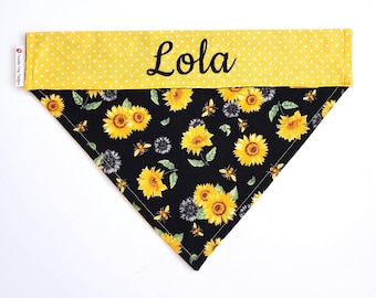 Personalized Sunflowers Dog Bandana, Slide Over Collar Pet Scarf, "Sunflowers and Bees"