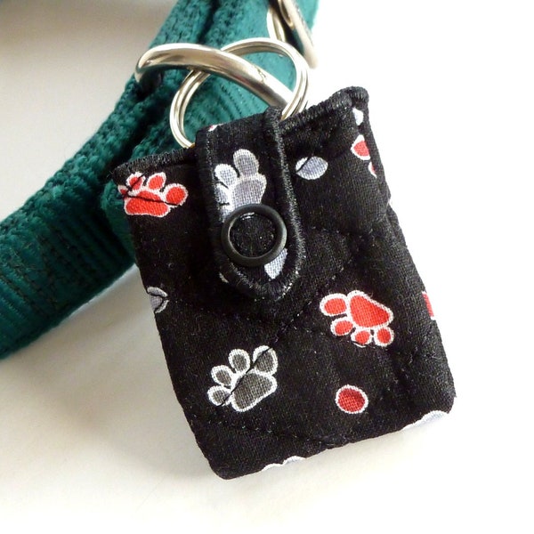 Quilted Dog ID Tag Silencer, Dog Tag Holder, Dog ID Tag Protector, Pet Tag Pouch, "Gray/Red Paw Prints"