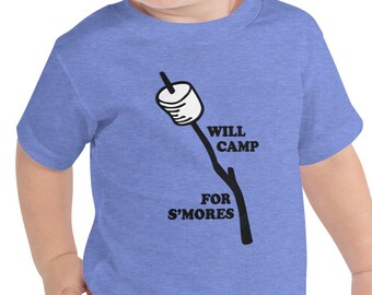 Will camp for s'mores | Funny toddler camping tee, gift for her, gift for him, toasted marshmallows, campfire kids