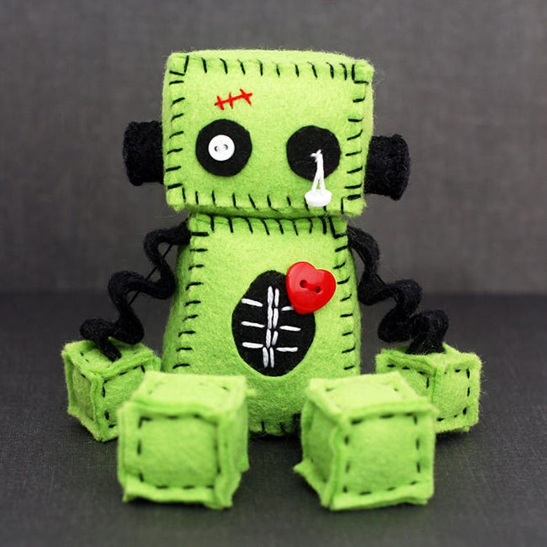 Zombie Robot Plush with Stitches and a Red Heart Halloween Decor Gift Idea image 2