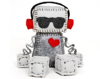 Felt Robot with Punk Red Headphones and a Red Heart, Headphone Robot with Sunglasses