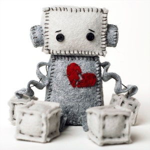 Anti Valentine's Day Sad Robot Plush with a Broken Heart, image 3