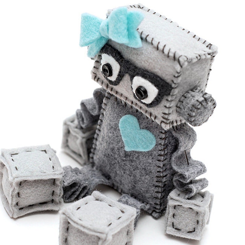 Geek Girl Robot with Heart and Bow, Nerdy Glasses in Grey and Pick Your Color Accessories, Customized Robot Gift image 4
