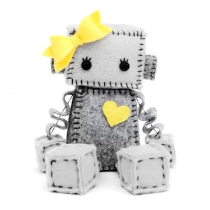 Plush Robot Girl With Bow and Heart - Pick Your Color - Robot Plush Doll - Girl Robot Nursery Decor and Gift - Handmade Gift