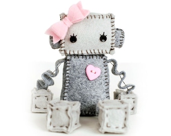Sweet Plush Robot Girl in Gray with Pink Heart and Bow, Robot Plush, Stuffed Robot