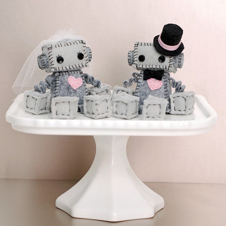 Mini Robot Cake Toppers Bride and/or Groom Robots Geek Wedding Plush Robots image 1
