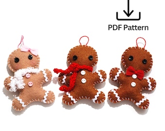 May include: Three felt gingerbread people ornaments, each with a different design. One has a white and pink scarf, one has a red scarf, and one has a red bow tie.  PDF Pattern.
