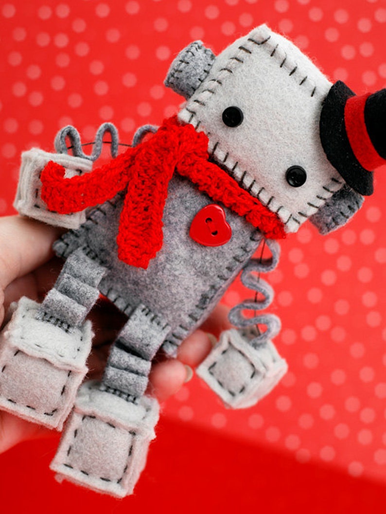 Christmas Plush Robot with a Top Hat and Red Crochet Scarf Holiday Decor Santa Robot image 2