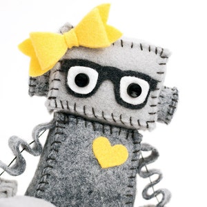 Geek Girl Robot with Heart and Bow, Nerdy Glasses in Grey and Pick Your Color Accessories, Customized Robot Gift image 2