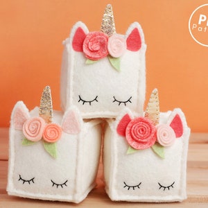 DIY Plush Unicorn Cube Pattern Felt Unicorn Sewing Pattern with Flower Crown, Crafting and Creating image 1