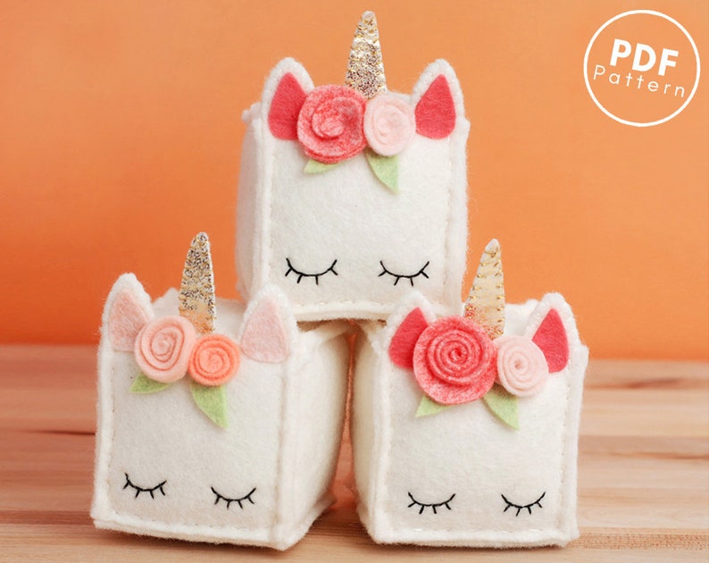 DIY Plush Unicorn Cube Pattern Felt Unicorn Sewing Pattern with Flower Crown, Crafting and Creating image 1