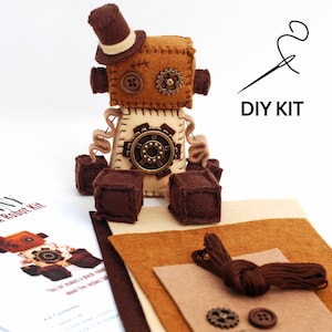 DIY Steampunk Robot Felt Kit - Sew Your Own Robot Plush - Includes Pattern and Supplies - Top Hat and Gears - Handmade Gift