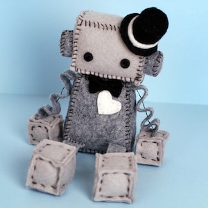 Bride and/or Groom Robot Plush with Top Hat, Veil and White Heart, Plush Robots image 3