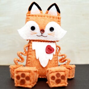 Fox Plush Robot with Paws and a Red Heart, Unique Collectible Gift, Wool Felt Doll