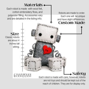 Plush Robot with a Big Red Heart Geeky Gift Nerdy Stuffed Plushie Felt Robot Collectible Handmade Gift image 2