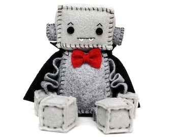 Vampire Plush Robot with Red Bow Tie and Black Cape, Halloween Dracula, Gift for Horror Fans