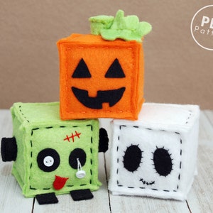DIY Halloween Plush Cubes Pattern - Downloadable Pattern for a Jack O&#39;Lantern, Zombie and a Ghost Halloween Decor