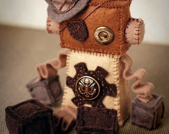 Customized Steampunk Robot Plush Doll with Vintage Buttons OOAK