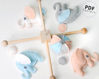 DIY Baby Elephant Mobile Felt Pattern, Nursery Decor, Sewing Pattern, Crib Bell Project