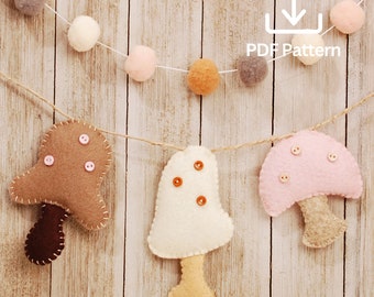 Mushroom Garland PDF - Instant Download - Pattern for Wool Felt Mushroom Garland - Cottagecore Home Decor - Woodland Nursery - DIY Sewing