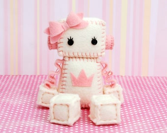 Princess Plush Robot with Pink Bow and Crown - Gift for Geeky Girls - Fairytale Nursery - Unique and Handmade