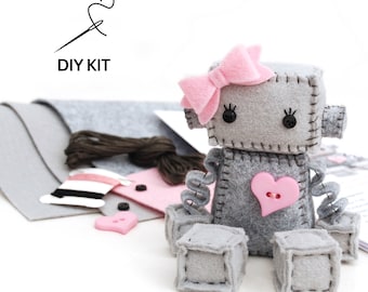 Sewing Kit for a Plush Robot with a Pink Heart and Bow DIY Felt Kit - Make Your Own Robot Plush - Includes Pattern & Supplies - Handmade