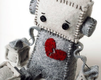 Anti Valentine's Day Sad Robot Plush with a Broken Heart,