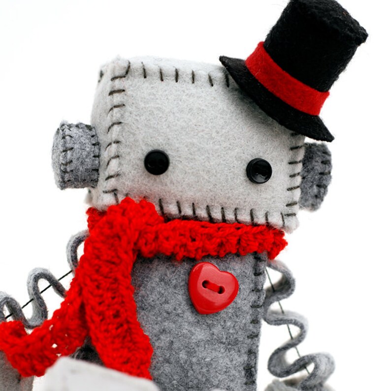 Christmas Plush Robot with a Top Hat and Red Crochet Scarf Holiday Decor Santa Robot image 3