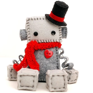 Christmas Plush Robot with a Top Hat and Red Crochet Scarf Holiday Decor Santa Robot image 1