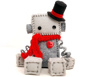 Christmas Plush Robot with a Top Hat and Red Crochet Scarf - Holiday Decor - Santa Robot
