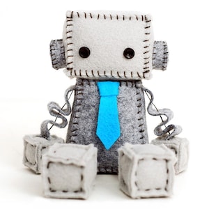 Felt Robot Plush with a Turquoise Blue Tie or Pick Your Color - Geek Plush - Robot Nursery Decor or Geek Dad Gift - STEM