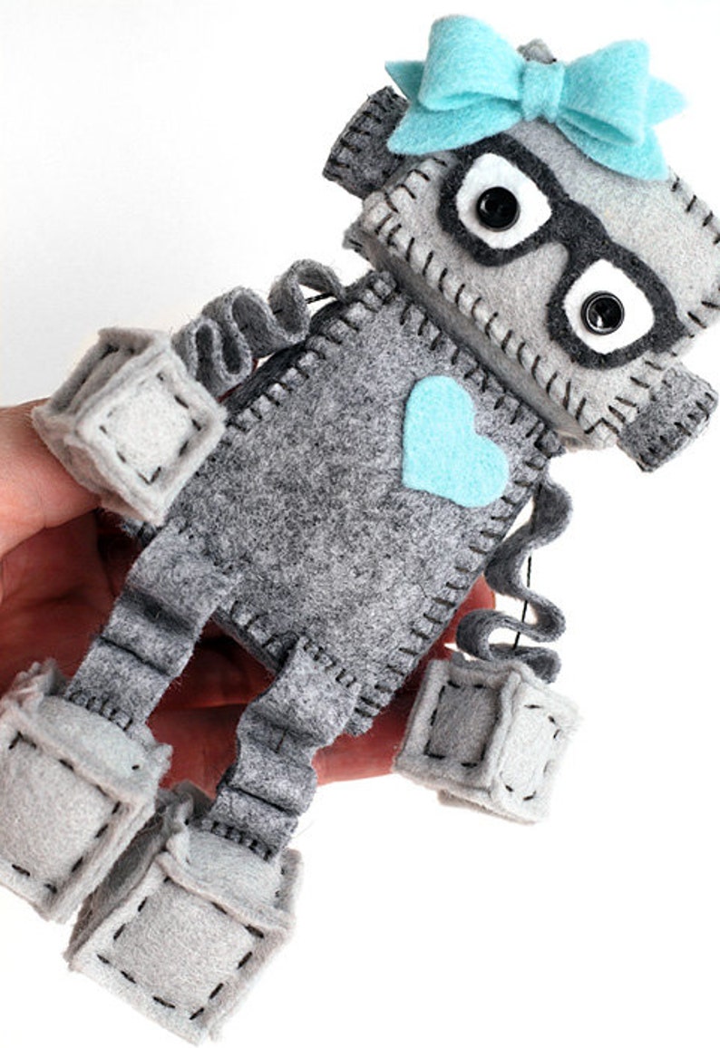 Geek Girl Robot with Heart and Bow, Nerdy Glasses in Grey and Pick Your Color Accessories, Customized Robot Gift image 3