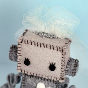 Bride and/or Groom Robot Plush with Top Hat, Veil and White Heart, Plush Robots image 5