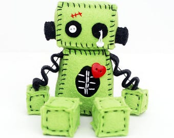 Zombie Robot Plush with Stitches and a Red Heart - Halloween Decor - Gift Idea