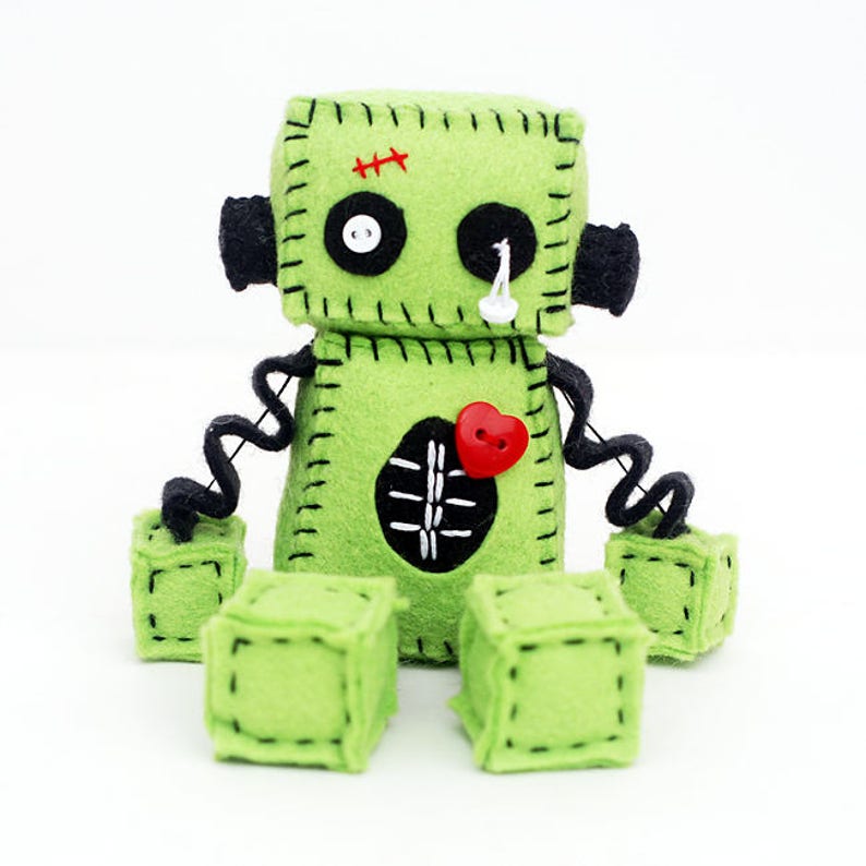 Zombie Robot Plush with Stitches and a Red Heart - Halloween Decor - Gift Idea 
