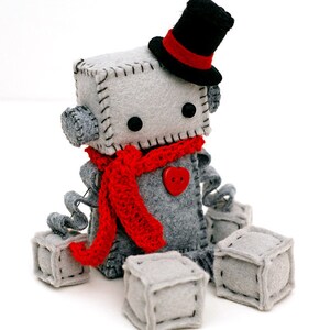 Christmas Plush Robot with a Top Hat and Red Crochet Scarf Holiday Decor Santa Robot image 4