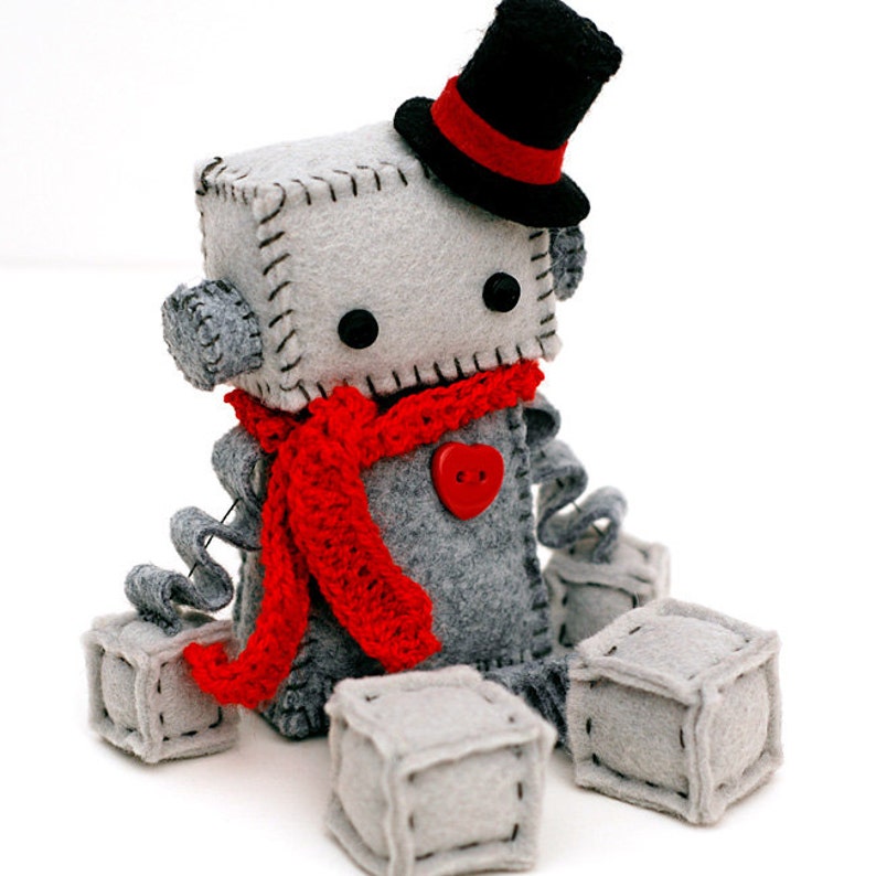 Christmas Plush Robot with a Top Hat and Red Crochet Scarf Holiday Decor Santa Robot image 4