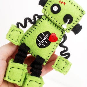 Zombie Robot Plush with Stitches and a Red Heart Halloween Decor Gift Idea image 3