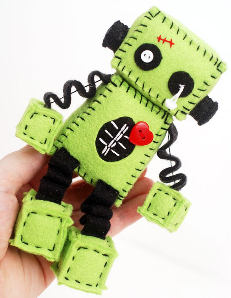 Zombie Robot Plush with Stitches and a Red Heart Halloween Decor Gift Idea image 3