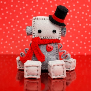 Christmas Plush Robot with a Top Hat and Red Crochet Scarf Holiday Decor Santa Robot image 5