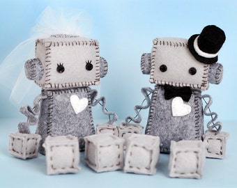 Bride and/or Groom Robot Plush with Top Hat, Veil and White Heart, Plush Robots