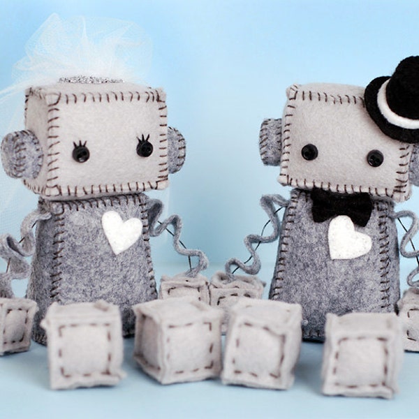 Bride and/or Groom Robot Plush with Top Hat, Veil and White Heart, Plush Robots