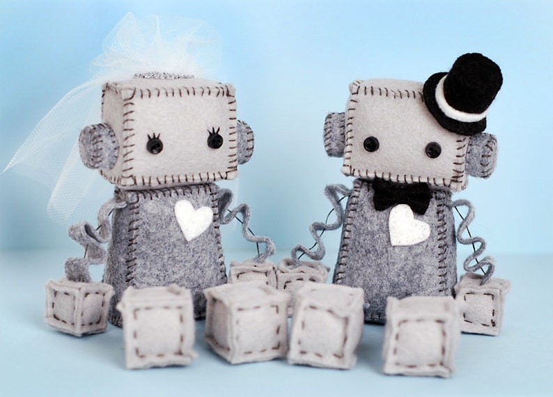 Bride and/or Groom Robot Plush with Top Hat, Veil and White Heart, Plush Robots image 1