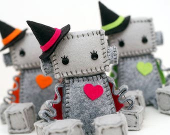 Witch Robot Plush With a Heart, Cape and Witch Hat in Orange, Lime Green, Purple or Hot Pink